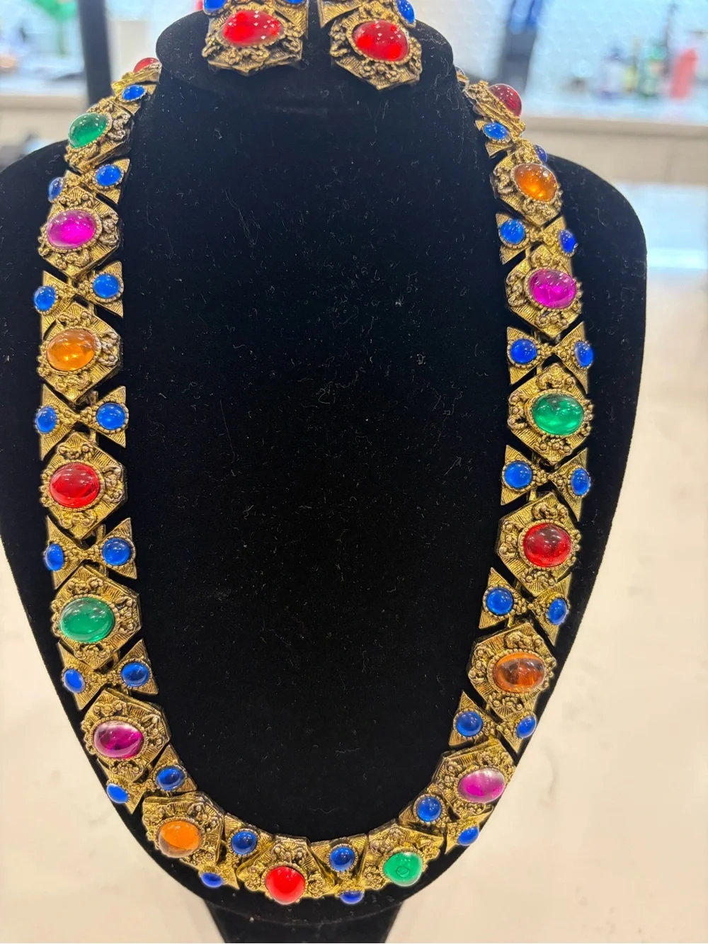 Vintage-Multicolor Stone Necklace and Earring Set - Gold Tone